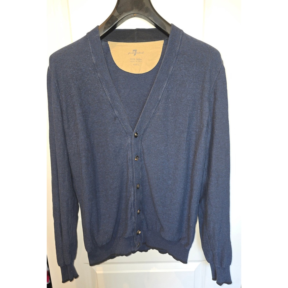 7 For All Mankind Mens Navy Blue 100 Cotton V-Neck Cardigan Sweater Made Italy